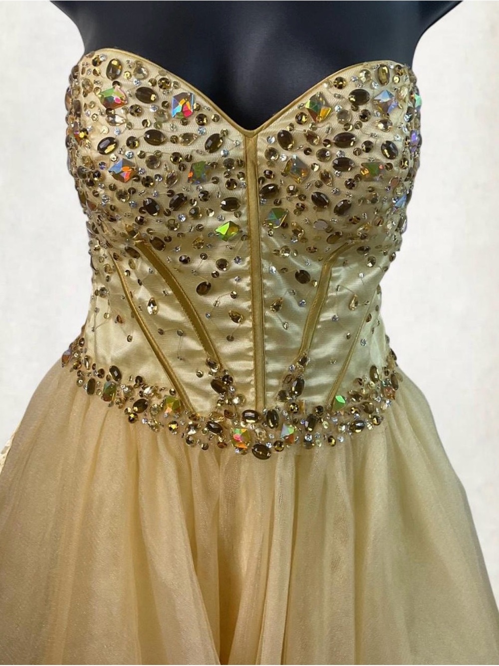 Gold Strapless Sweetheart Cocktail Dress with Crystal Embellishment - Picture 3 of 7